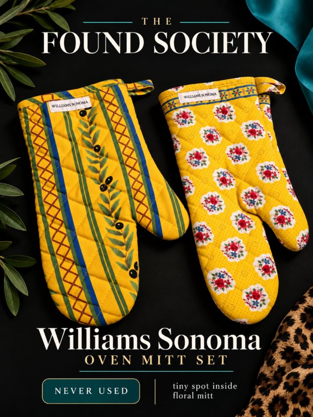 Williams Sonoma Yellow Floral Olive Oven Mitts Set of 2 Made USA